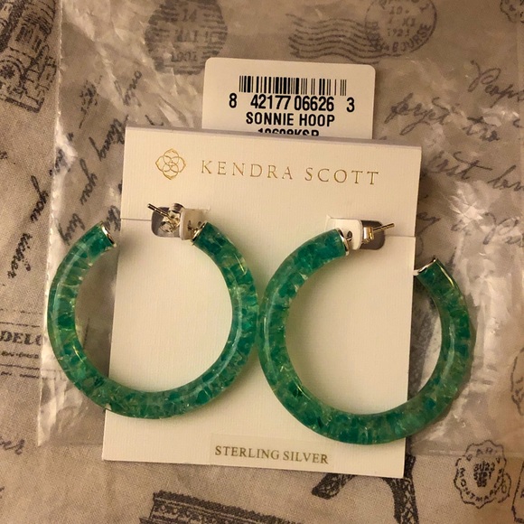 Kendra Scott Sonnie Sterling Silver & Green Onyx Resin Hoop Earrings NWT - Picture 8 of 11